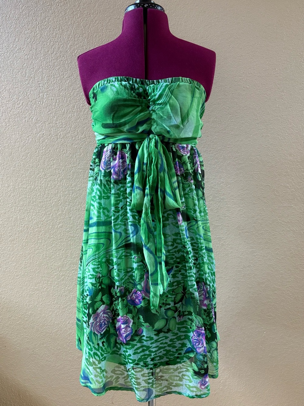 Strapless Y2K Green Floral Tie-Front Sundress